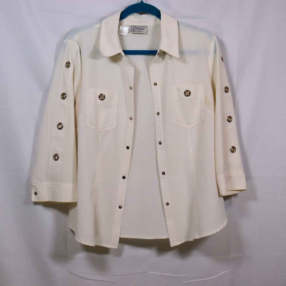 Cathy Che Button Up Shirt 14 Cream Womens Grommet Detail Stretch Blouse